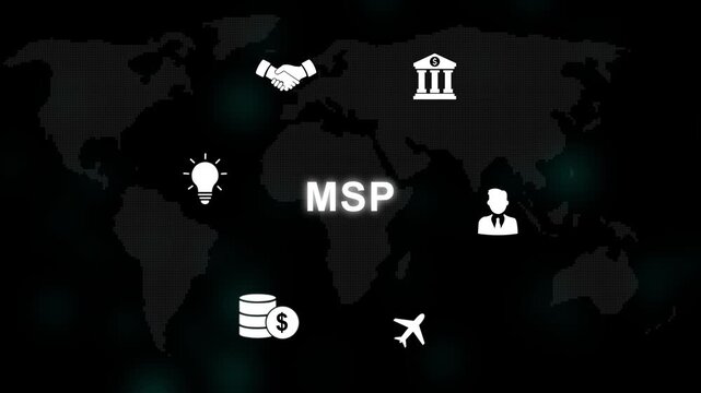MSP acronym, managed service provider concept, A managed service provider is a third party company that remotely manages a customer's information technology. Business concept background.
