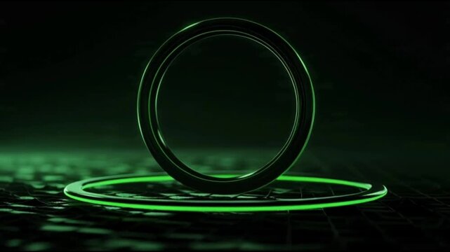 Glowing green neon circle, futuristic ring light, abstract dark background, neon effect