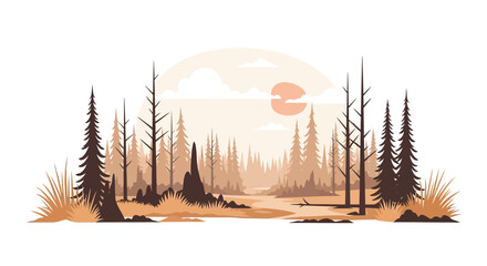 Desolate Forest Landscape with Tall Bare Trees and Setting Sun © Tora
