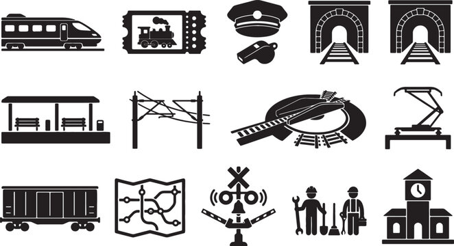 Collection of black and white transportation and railway icons representing trains and infrastructure
