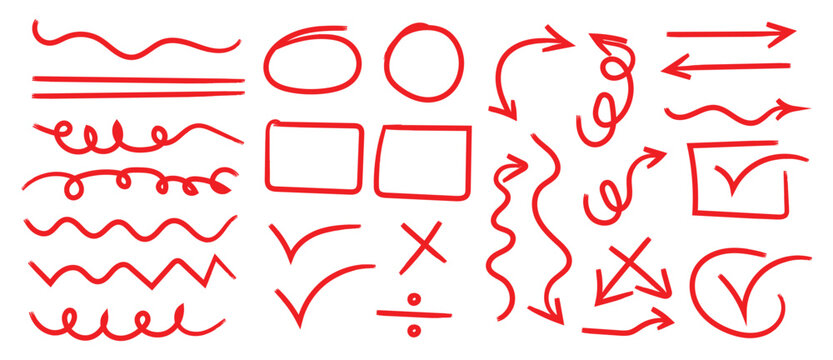 Arrow, circle, rectangle, cheek, cross, underline marker hand pen set. Line red hand drawn pen marker stroke underline, arrow, check mark emphasis. Round oval, circle scribble frame, arrow elements. 