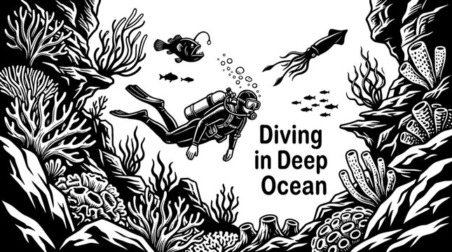 diver exploring the deep ocean alone representing black and white vector underwater adventure and extreme water sport