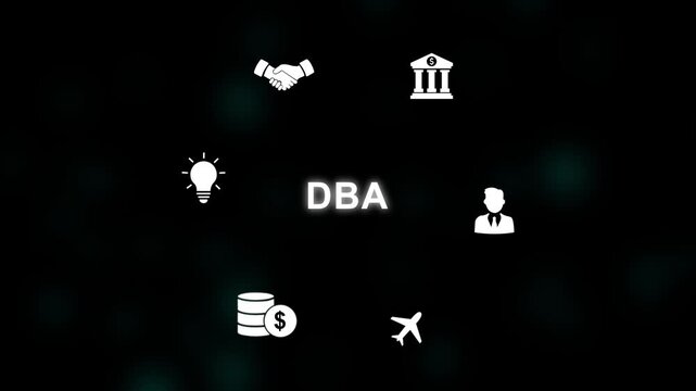 Digital illustration of DBA concept with interconnected icons and glowing circular interface database administrator