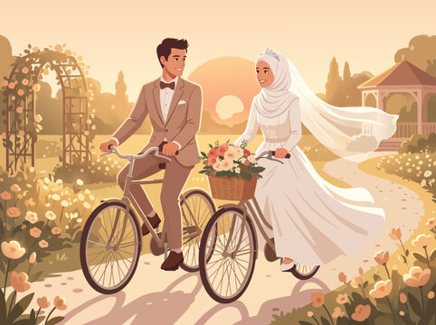 Muslim Wedding Couple Riding Bicycles Together Romantic Garden Scene