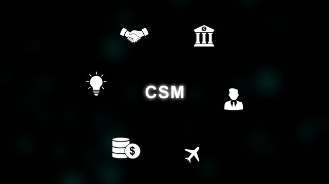 CSM acronym in center of hexagonal diagram with business icons on dark blue digital with gears background