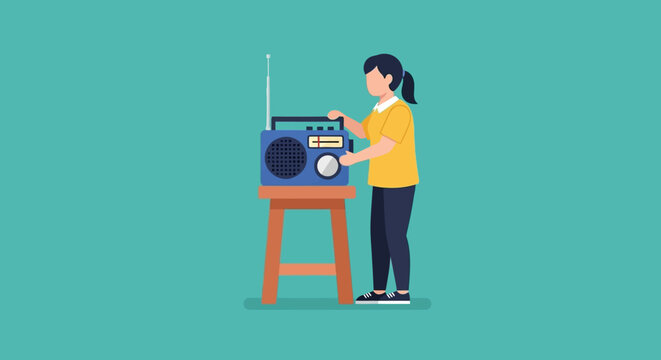 Young person standing beside vintage boombox stereo player.