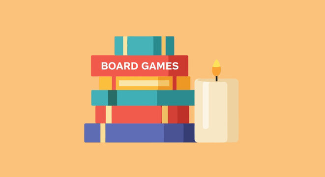 Colorful board games stack with candle illustration.