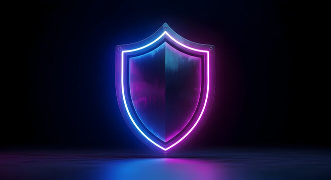 Neon shield icon with blue and pink glow on dark background