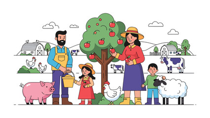 A Farming Family Harvest Scene: A cheerful farming family stands by an apple tree, surrounded by farm animals and barns, embodying the essence of rural life and agricultural abundance. © abidakhatun