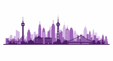 Obraz premium A purple silhouette of a modern cityscape with diverse skyscrapers and bridges