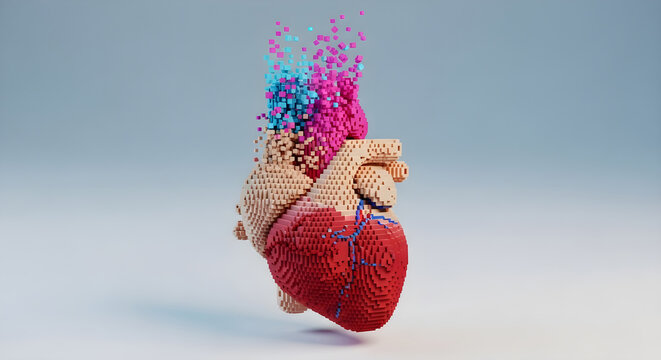 Anatomical human heart constructed from small colorful blocks creating a digital voxel style artistic representation in this creative photo that highlights modern medical technology concepts through a