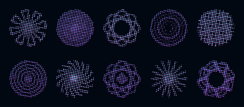 Y2K halftone neon circle set. Futuristic blue and purple gradient vector radial shapes, vibrant abstract dotted sign collection