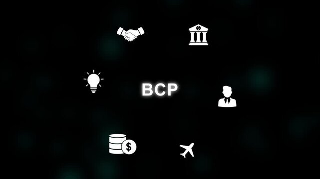 Futuristic Motion Graphics of BCP Business Continuity Planning Concept on Digital Circuit Board Background, Global Networking Corporate Success, High Tech Innovation Animation for Risk Management.