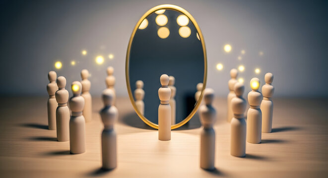 A surreal scene of people gathered around a large mirror with glowing lights