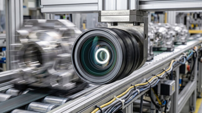 Machine Vision Camera Inspecting Metal Components on Automated Factory Conveyor Belt