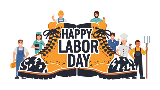 Happy Labor Day Celebration: A vibrant illustration celebrating Labor Day, featuring a diverse group of workers from various professions standing with pride, dwarfed by a giant pair of work boots.
