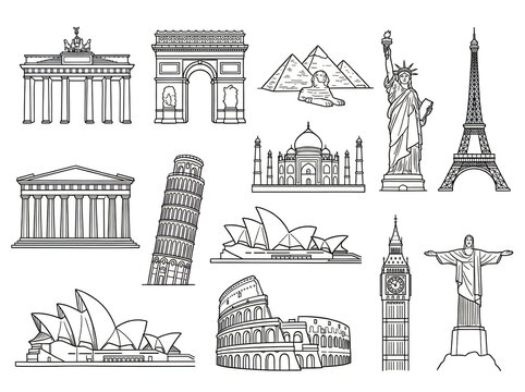 Famous world landmarks line art vector illustration set