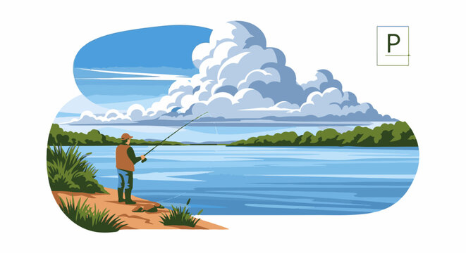 A person fishes by a calm blue lake under a dramatic sky with large clouds