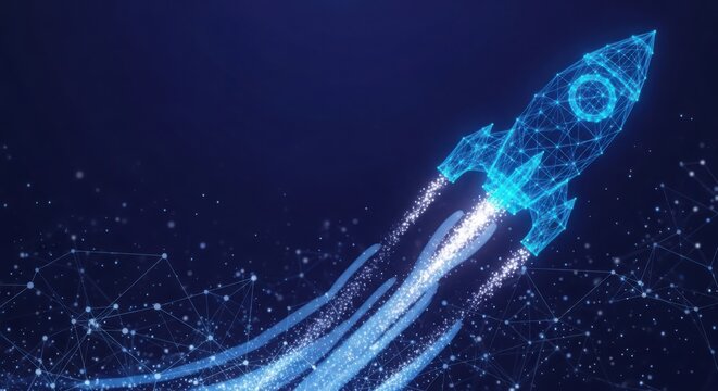 A blue rocket ship blasting off into space illustration