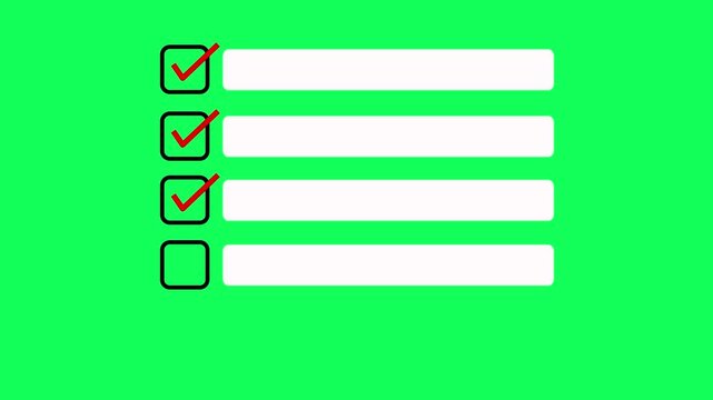 Checklist with five items and appearing checkmarks animation on a green background. Checking a to do list animation. Ideal for business workflow, infographic, approval steps and explainer videos