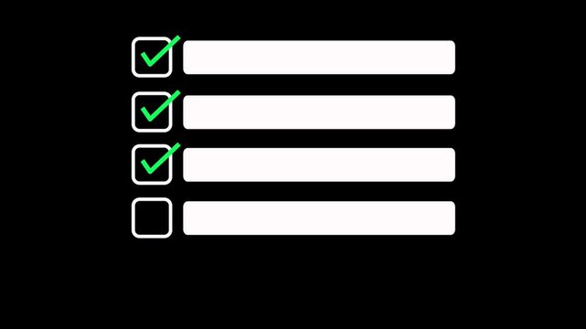 Checklist with five items and appearing checkmarks animation on a black background. Checking a to do list animation. Ideal for business workflow, infographic, approval steps and explainer videos