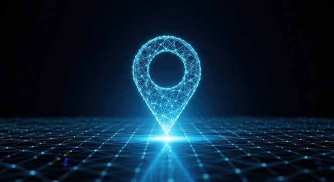 A glowing blue map pin made of lines and dots on a grid illustration