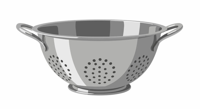 A metallic colander with handles, featuring numerous perforations