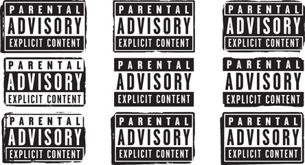 Collection of Parental Advisory Explicit Content labels in a collage on a white background © GraphicGrove