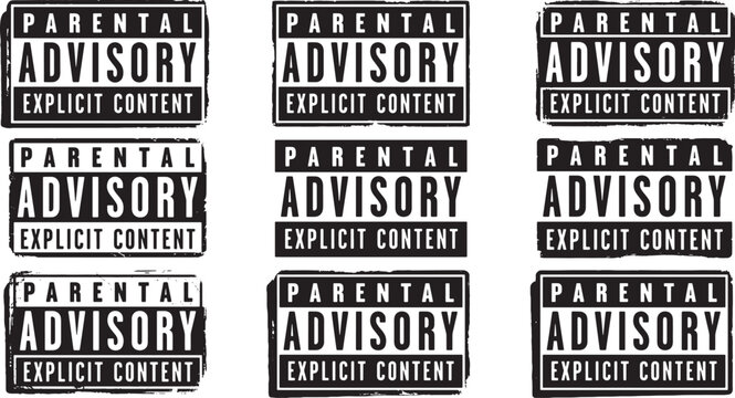 Collection of Parental Advisory Explicit Content labels in a collage on a white background