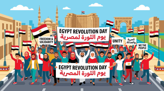Egyptian people celebrating egypt revolution day with flags and signs in cairo cityscape background