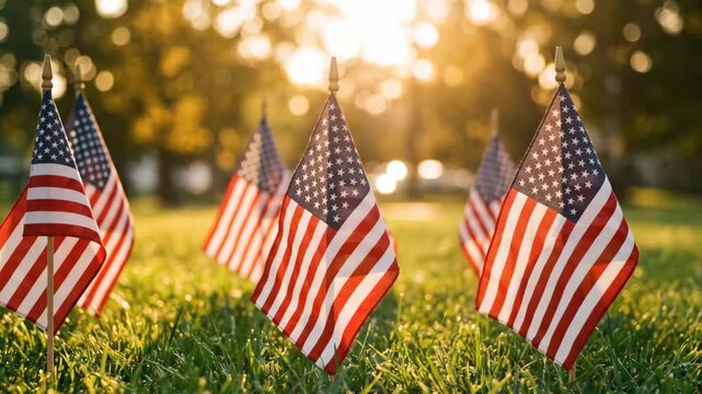 small american flags stick in green grass backlit by warm evening sun, memorial day remembrance, veterans day, independence day, community spirit, patriotic holiday decoration lawn