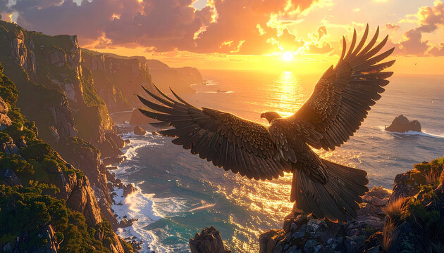 Soaring eagle cliffside sunset