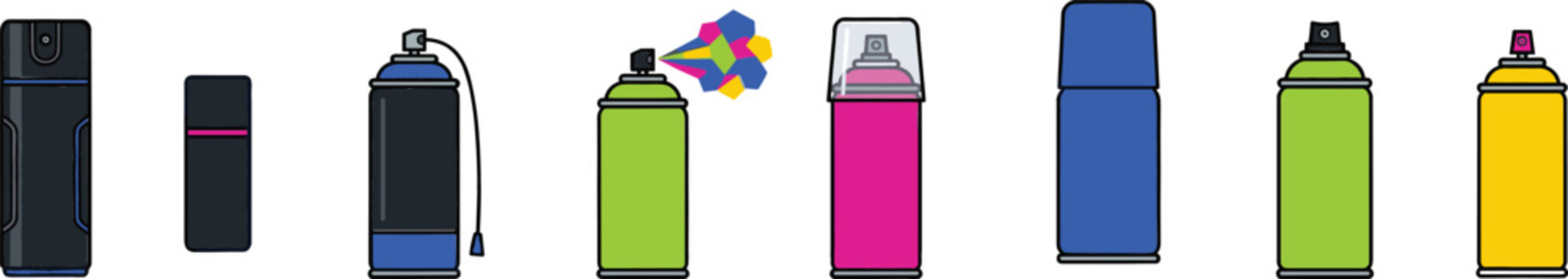 Collection of colorful spray paint can vector illustrations featuring aerosol containers, graffiti paint bottles and urban street art supplies