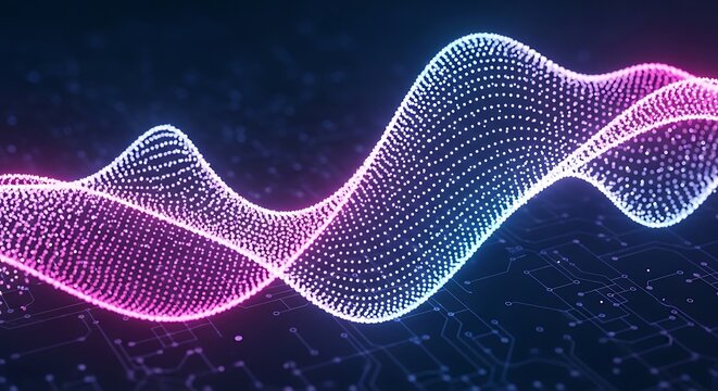 Neon pink and blue wave pattern on circuit board background