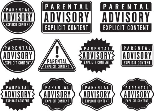 Collection of parental advisory explicit content warning labels in various shapes and styles