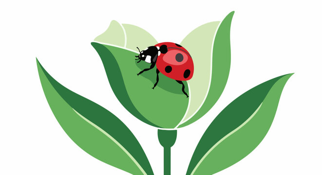 A red ladybug rests on a budding green flower with leaves