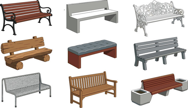 Collection of outdoor bench vector illustrations featuring wooden park benches, modern seating furniture and decorative public garden bench designs
