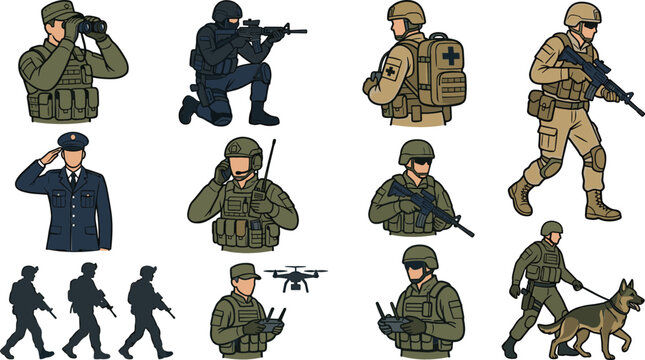 Collection of military soldier vector illustrations featuring armed forces personnel, tactical operations, police officer and combat training scenes