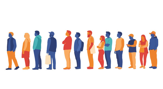 Diverse Group of People Standing in Line, Queue, Waiting