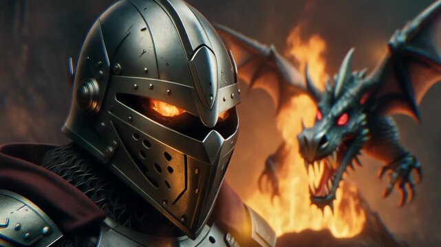 Knight wearing helmet visor faces dragon in fire