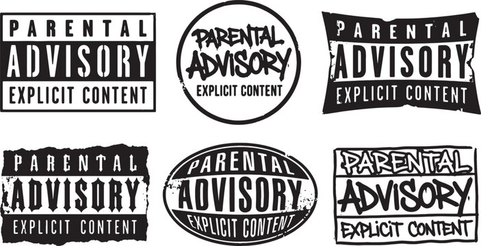 Collection of six different Parental Advisory Explicit Content labels and symbols isolated on transparent background