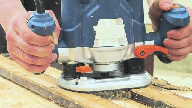 A person using a router on a wooden plank. The hands are gripping the tool firmly, showing focus and precision in woodworking.