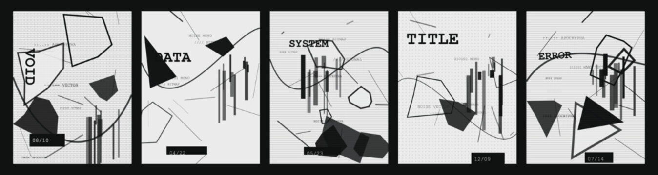 Retro Futuristic Poster Vector Set with Distorted Geometric Forms & ASCII Elements. Monochrome Anti Design Banner with Abstract Glitch Shapes, Lines, and Grunge Urban Bitmap Aesthetics Cover Templates