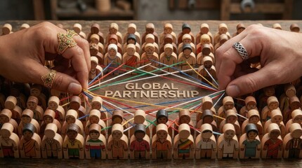 Obraz premium Hands Connecting Miniature Wooden Figures for Global Partnership