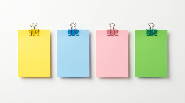 Four different color blank  papers clipped by clips for notes and reminders , white  background 