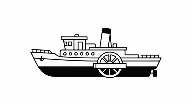 A simple black and white illustration of a paddlewheel steamboat