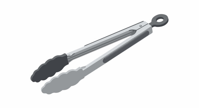 A silver and black kitchen tong with a loop at the handle end