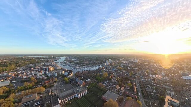 Ipswich Skyline 4K Drone Video: Panoramic City Centre and Waterfront at Golden Hour