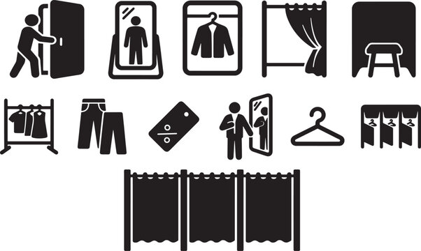 Collection of stylized icons depicting clothing shopping and fitting room experiences