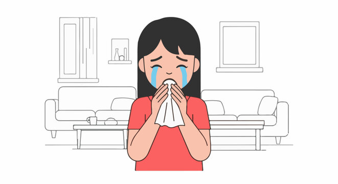 A person crying into a tissue in a living room